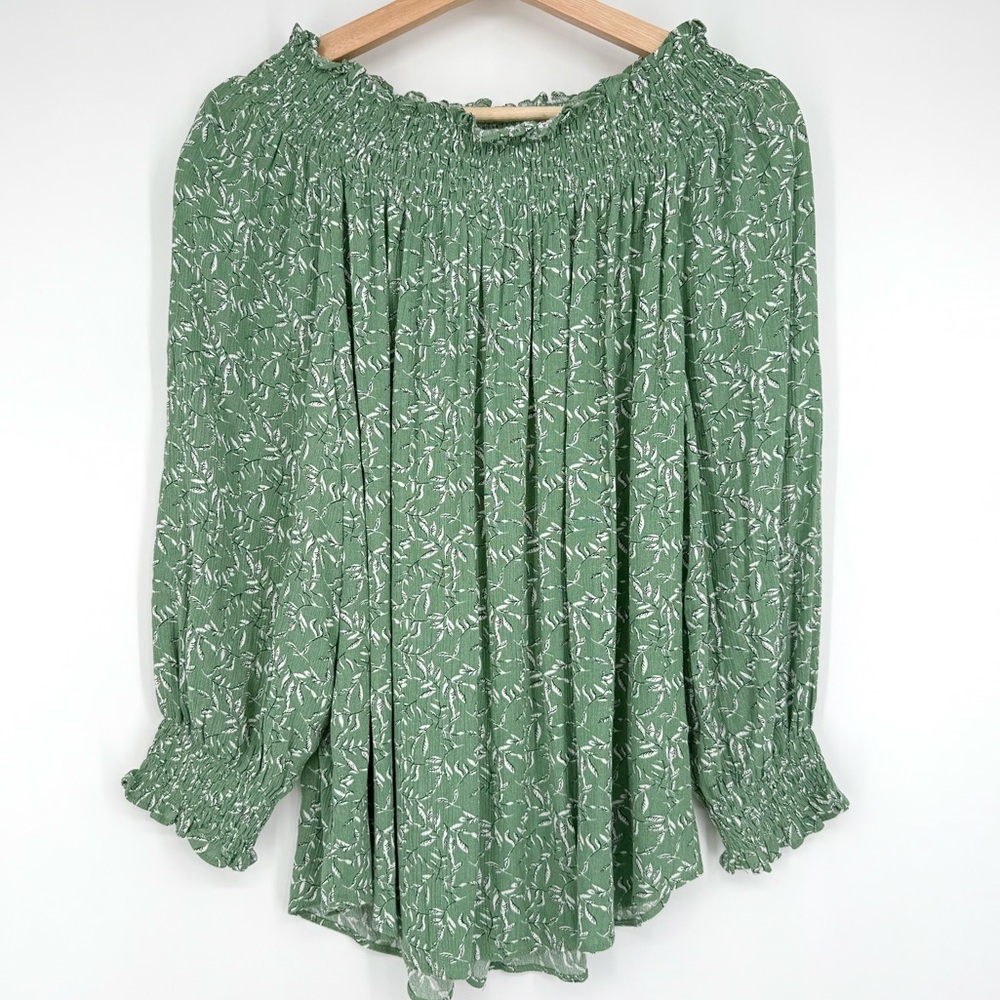 Melloday Peasant Boho Green Floral Smocked Off Shoulder Blouse Top Size M